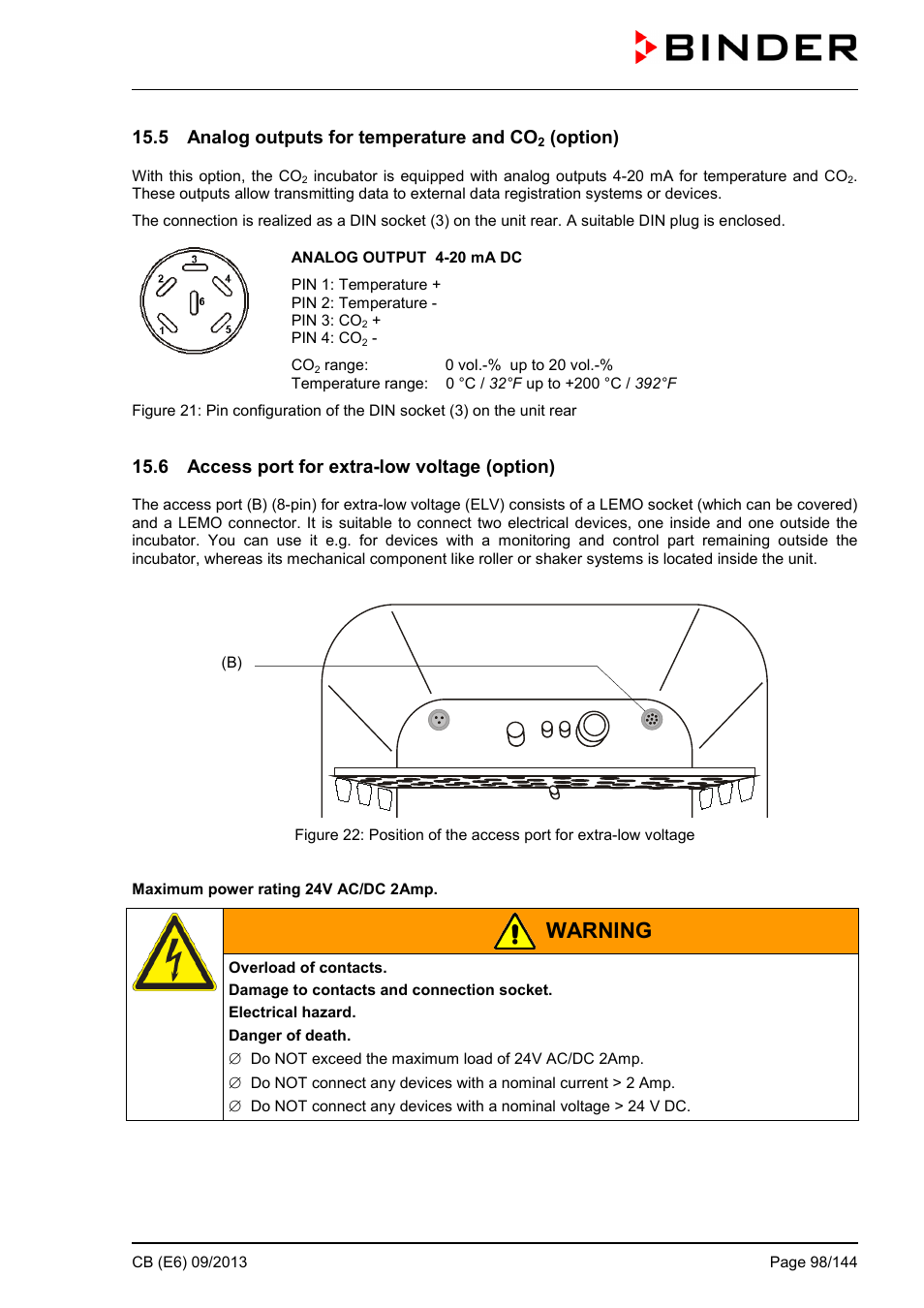 5 analog outputs for temperature and co2 (option), 6 access port for extra-low voltage (option), Warning | 5 analog outputs for temperature and co, Option) | BINDER CB 60 User Manual | Page 98 / 145