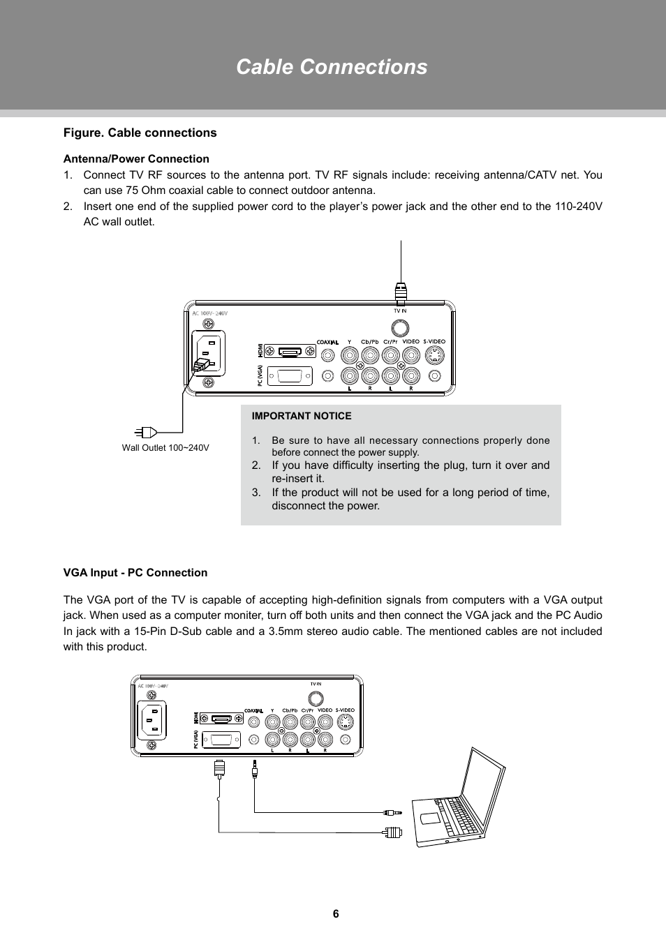 Cable connections | COBY TFTV1925 User Manual | Page 12 / 23
