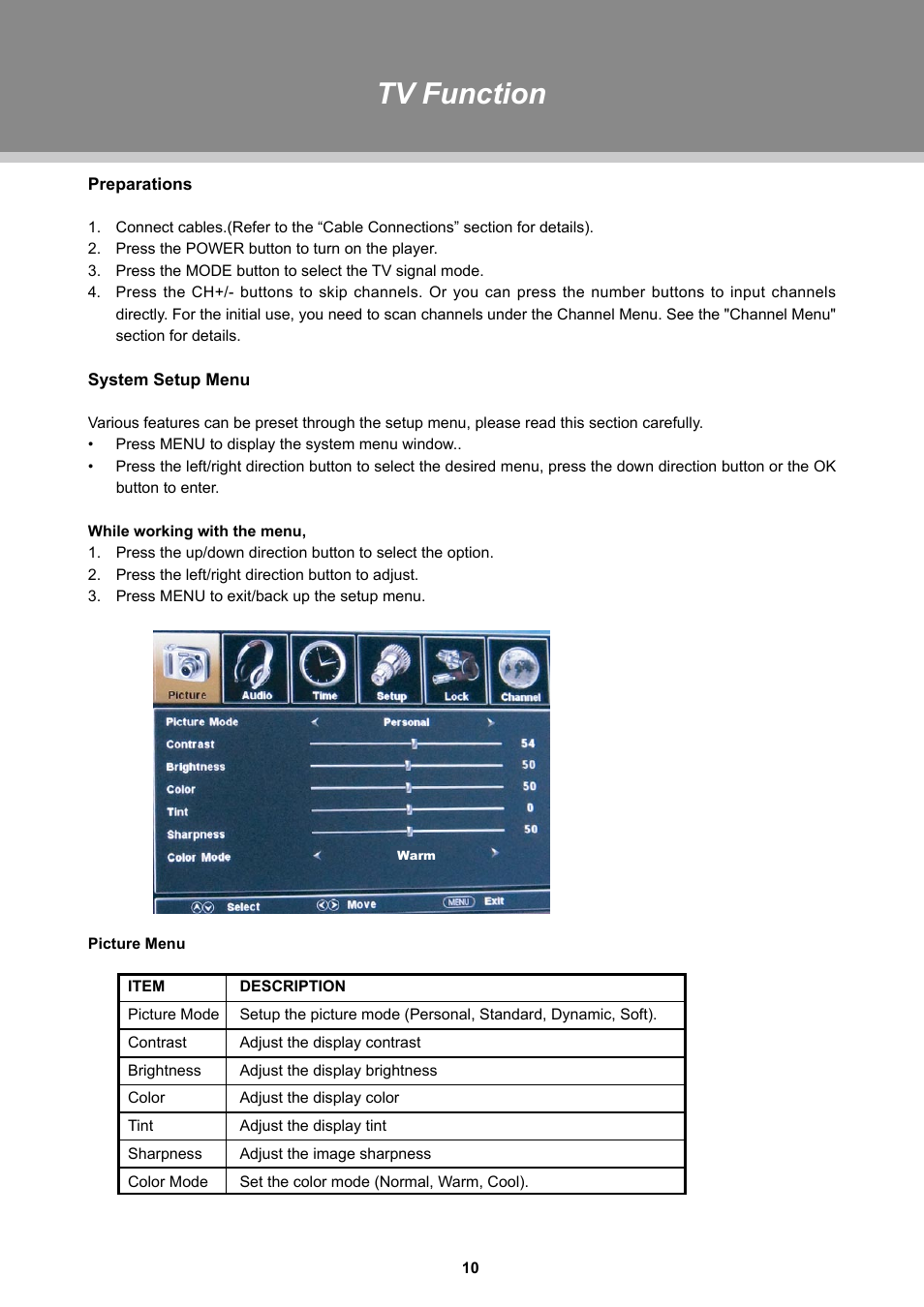 Tv function | COBY TFTV1925 User Manual | Page 16 / 23