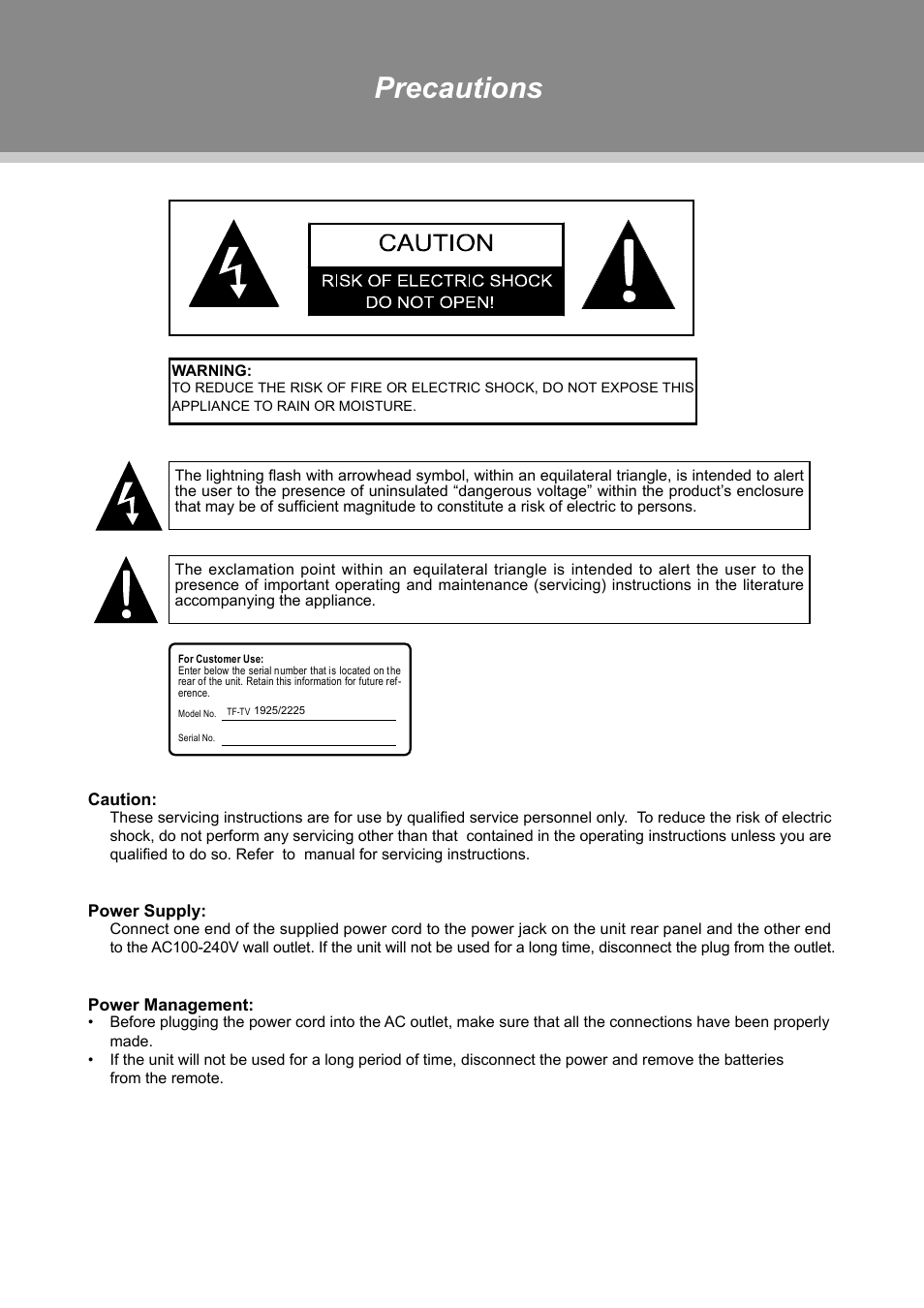 Precautions | COBY TFTV1925 User Manual | Page 2 / 23