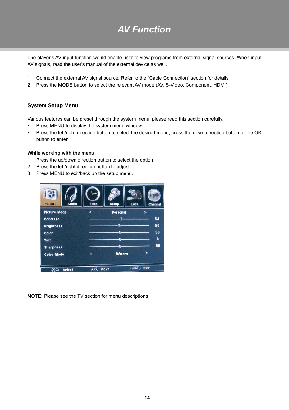 Av function | COBY TFTV1925 User Manual | Page 20 / 23