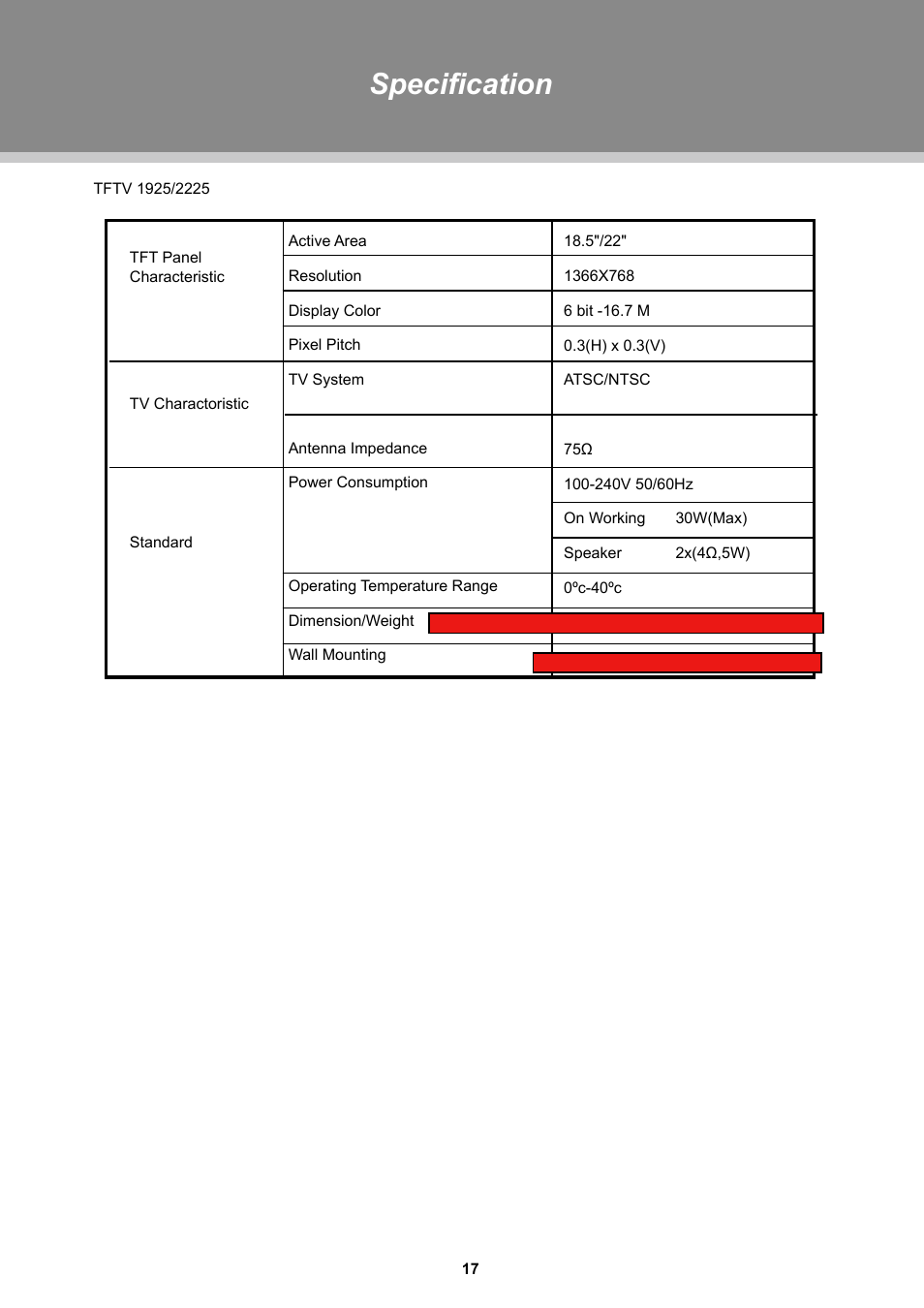 Specification | COBY TFTV1925 User Manual | Page 23 / 23