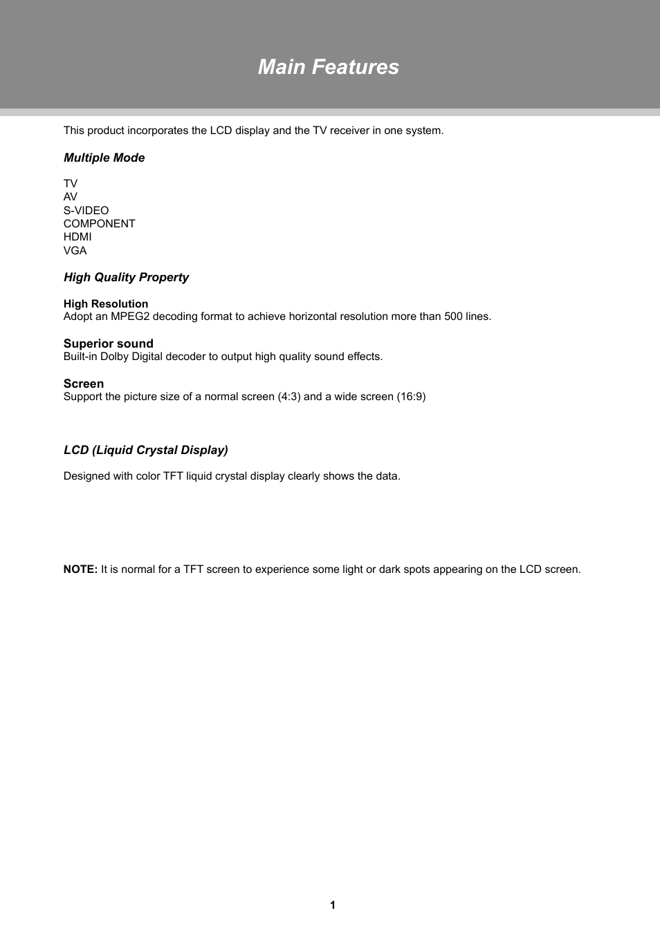 Main features | COBY TFTV1925 User Manual | Page 7 / 23