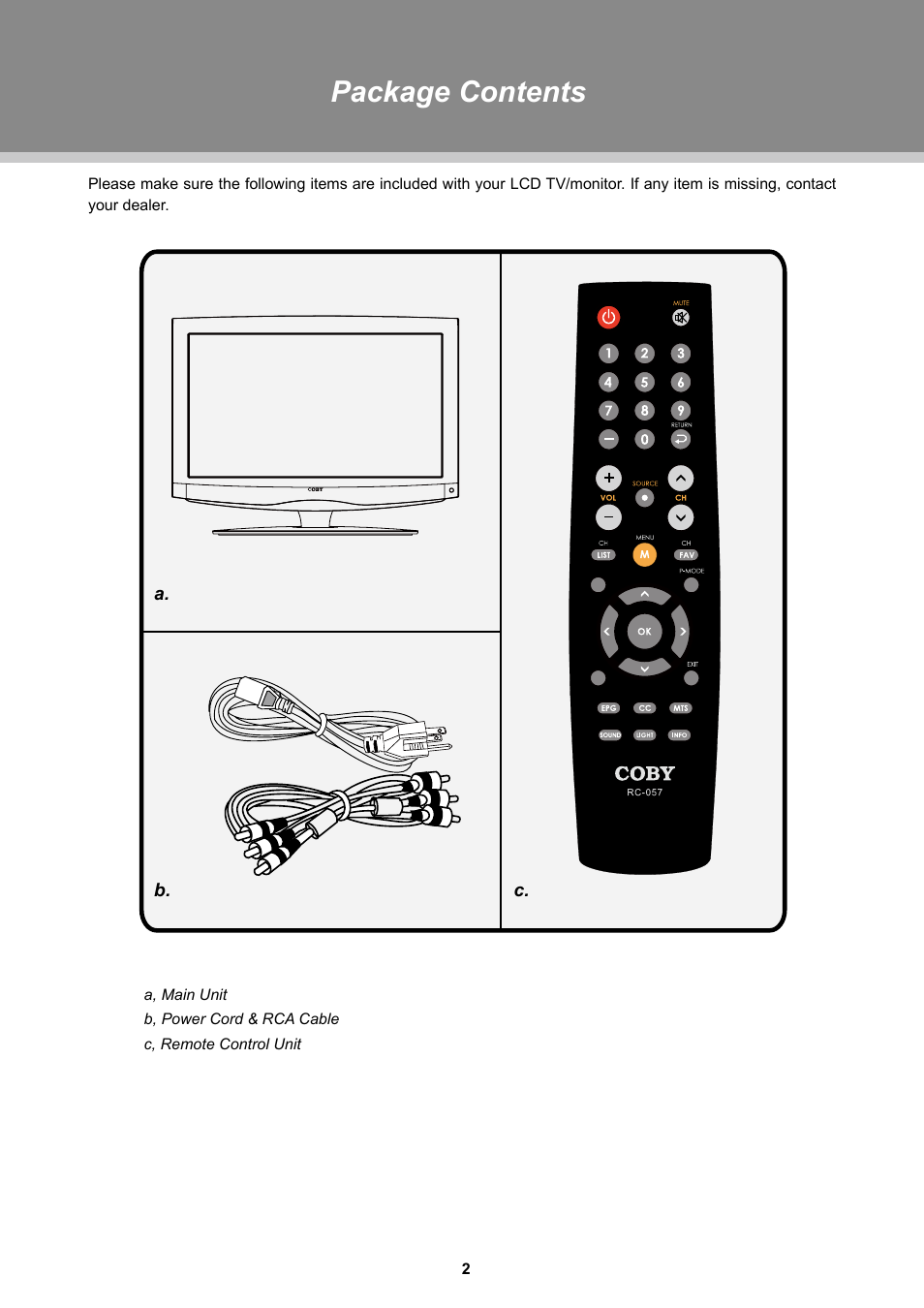 Package contents | COBY TFTV1925 User Manual | Page 8 / 23