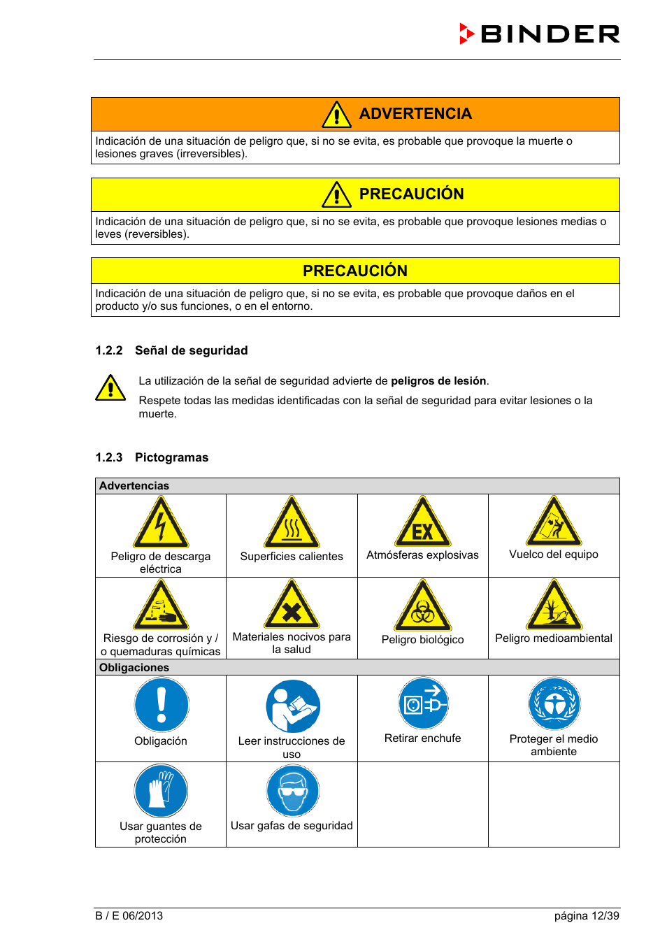 2 señal de seguridad, 3 pictogramas, Advertencia | Precaución | BINDER B 28 User Manual | Page 12 / 39