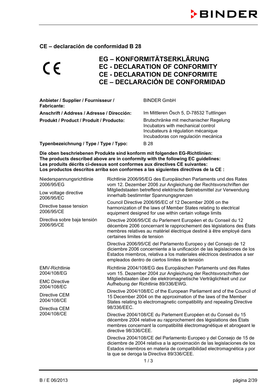 Ce – declaración de conformidad b 28 | BINDER B 28 User Manual | Page 2 / 39