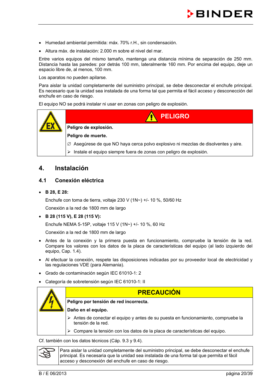 Instalación, 1 conexión eléctrica, Peligro | Precaución | BINDER B 28 User Manual | Page 20 / 39