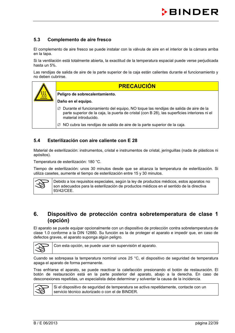 3 complemento de aire fresco, 4 esterilización con aire caliente con e 28, Precaución | BINDER B 28 User Manual | Page 22 / 39