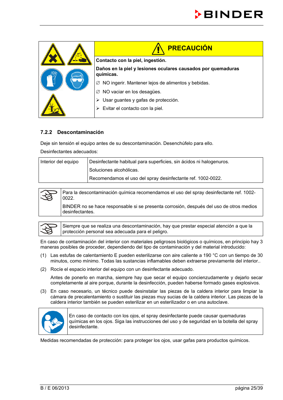 2 descontaminación, Precaución | BINDER B 28 User Manual | Page 25 / 39