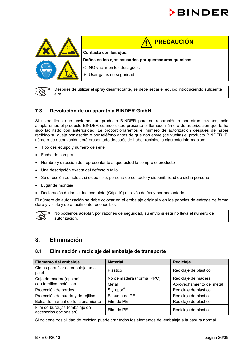 3 devolución de un aparato a binder gmbh, Eliminación, Precaución | BINDER B 28 User Manual | Page 26 / 39