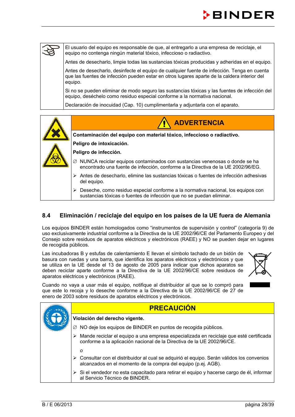 Advertencia, Precaución | BINDER B 28 User Manual | Page 28 / 39