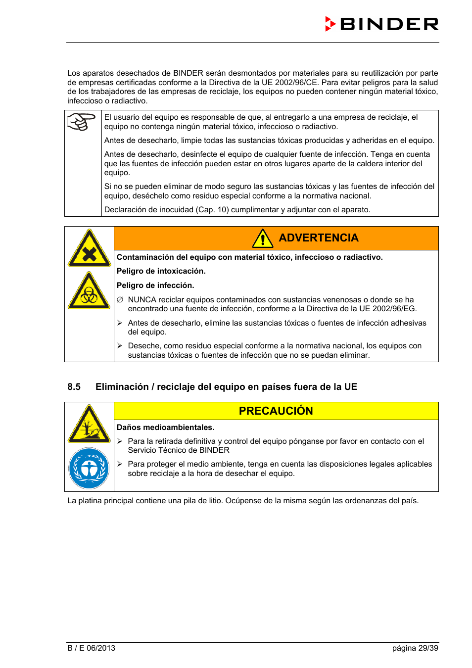 Advertencia, Precaución | BINDER B 28 User Manual | Page 29 / 39