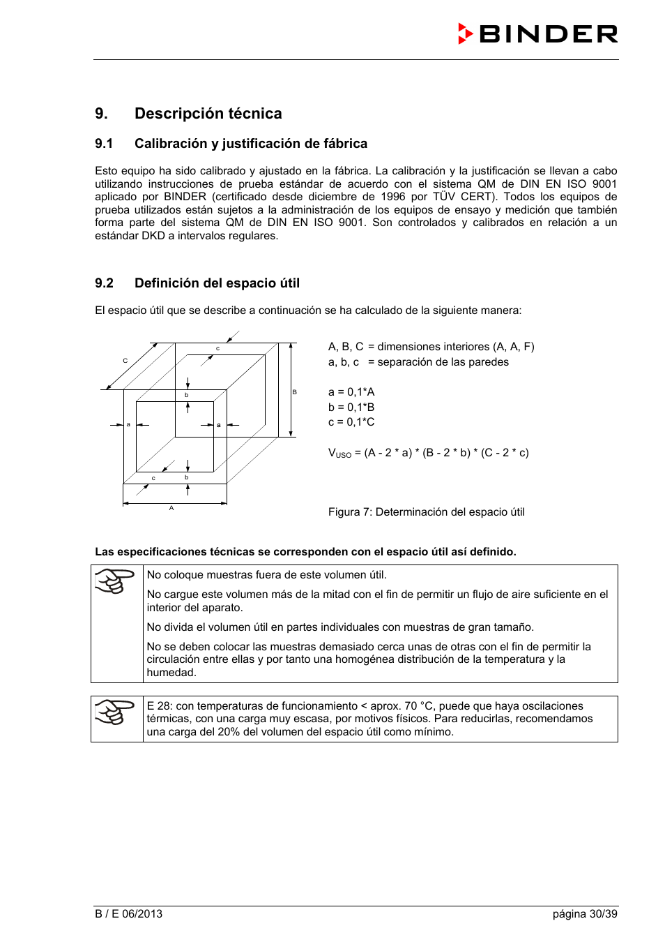 Descripción técnica, 1 calibración y justificación de fábrica, 2 definición del espacio útil | BINDER B 28 User Manual | Page 30 / 39