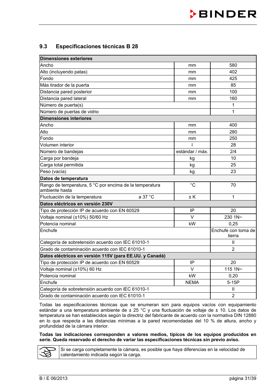 3 especificaciones técnicas b 28 | BINDER B 28 User Manual | Page 31 / 39