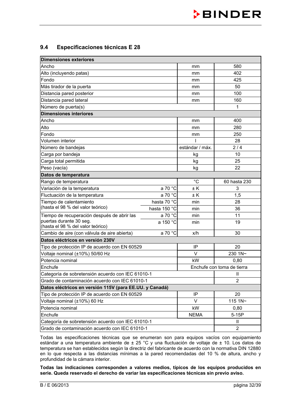 4 especificaciones técnicas e 28 | BINDER B 28 User Manual | Page 32 / 39