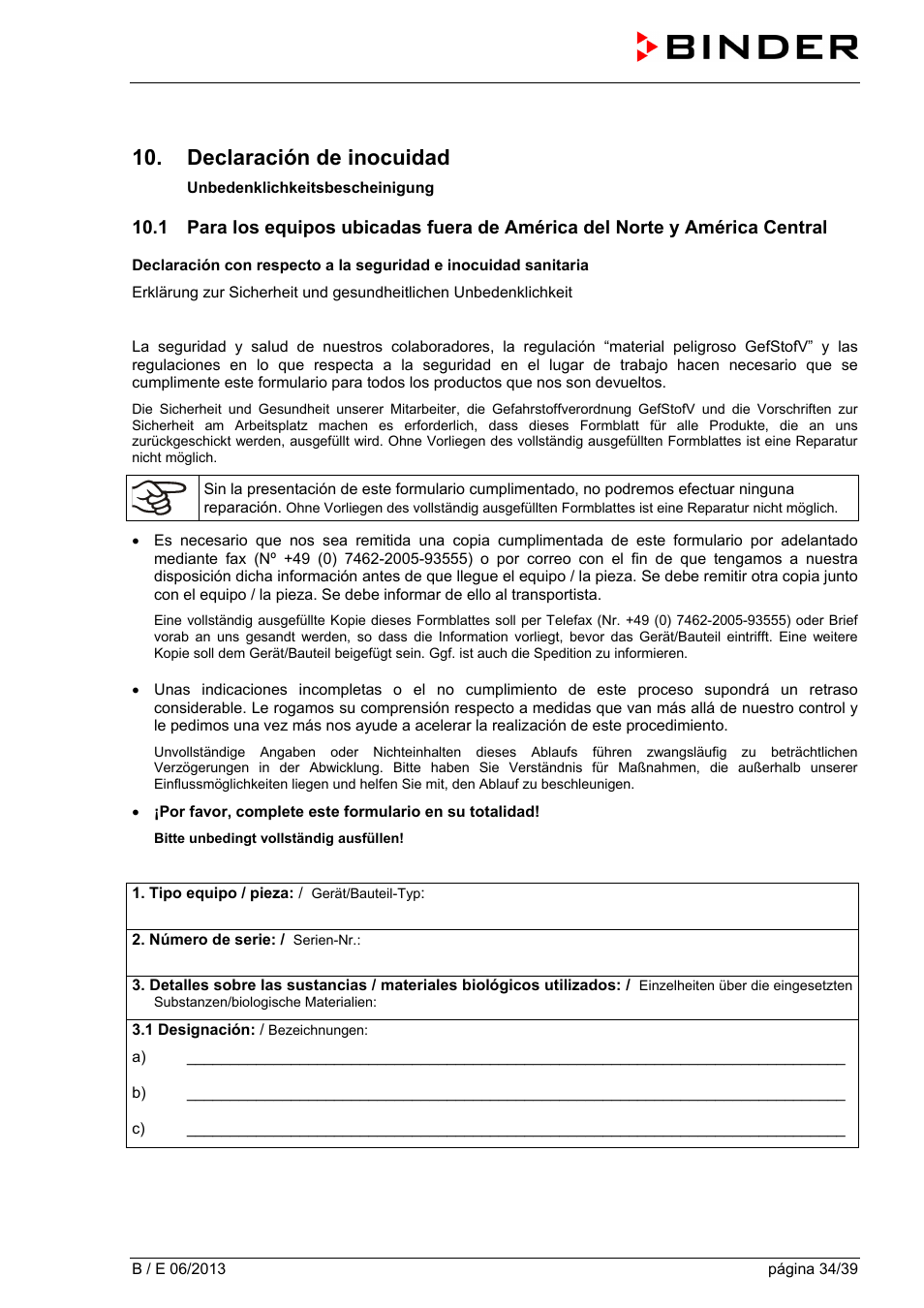 Declaración de inocuidad | BINDER B 28 User Manual | Page 34 / 39