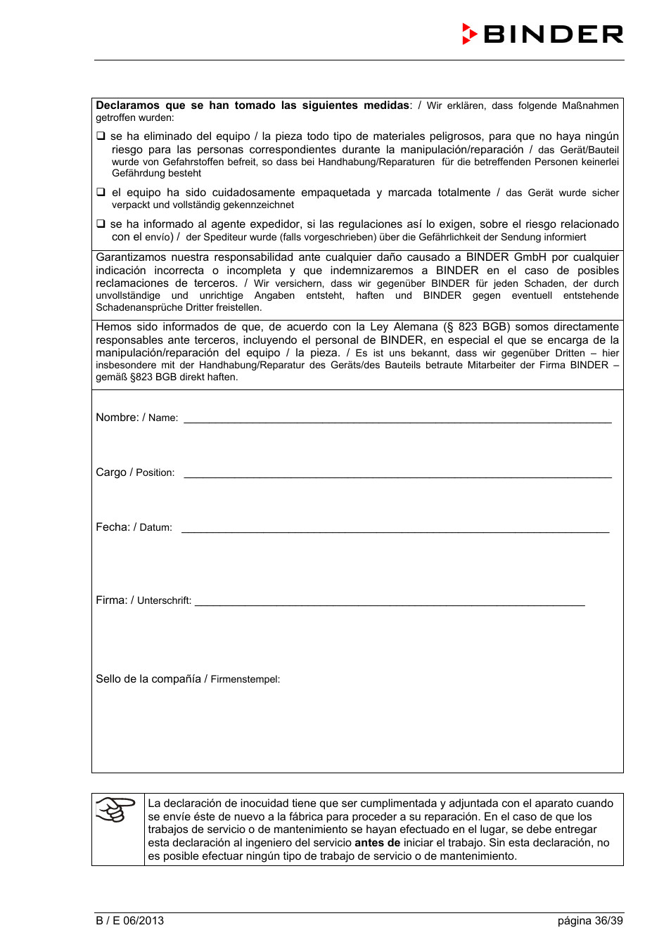 BINDER B 28 User Manual | Page 36 / 39