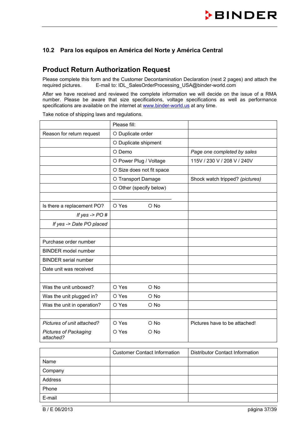 Product return authorization request | BINDER B 28 User Manual | Page 37 / 39