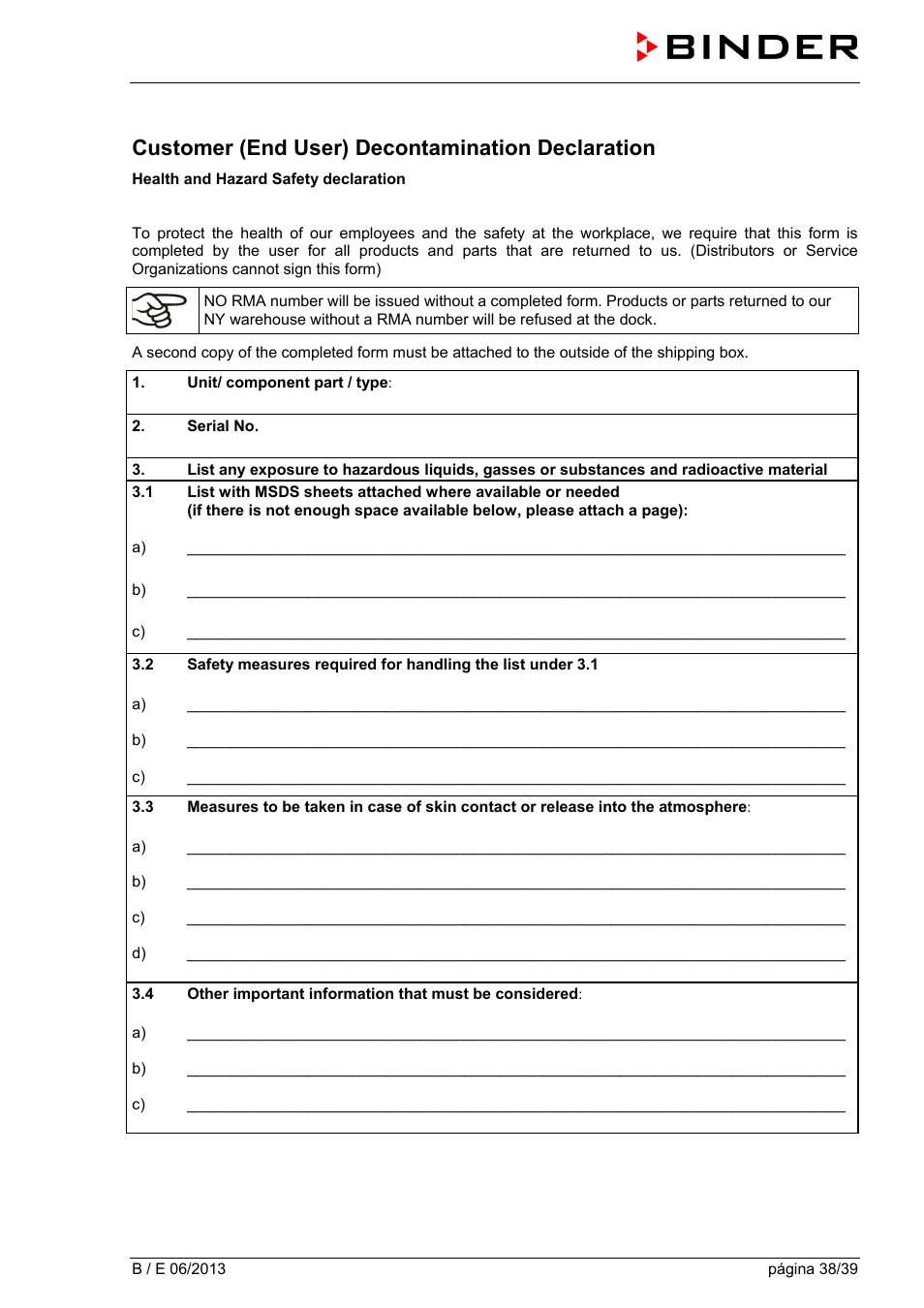 Customer (end user) decontamination declaration | BINDER B 28 User Manual | Page 38 / 39