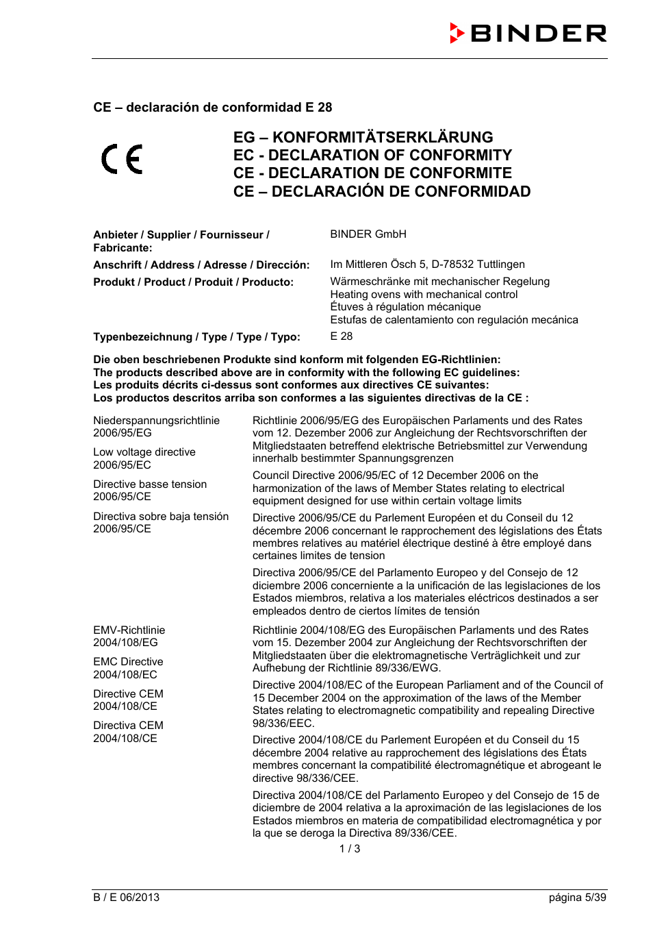 Ce – declaración de conformidad e 28 | BINDER B 28 User Manual | Page 5 / 39