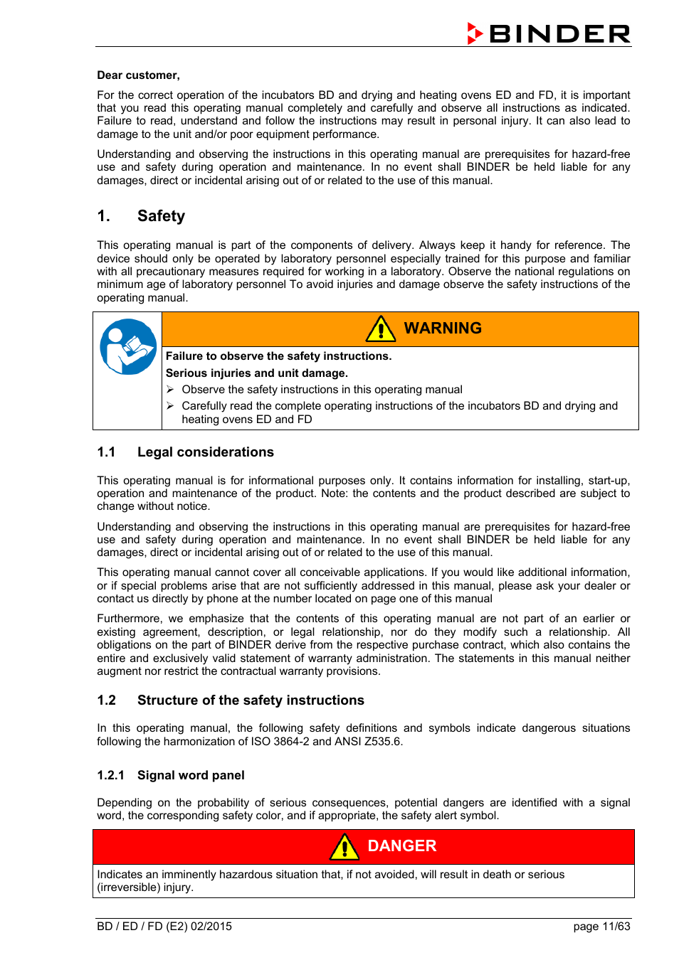 Safety, 1 legal considerations, 2 structure of the safety instructions | 1 signal word panel, Warning, Danger | BINDER BD 23 User Manual | Page 11 / 63