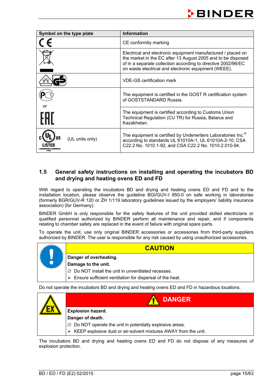 Caution, Danger | BINDER BD 23 User Manual | Page 15 / 63