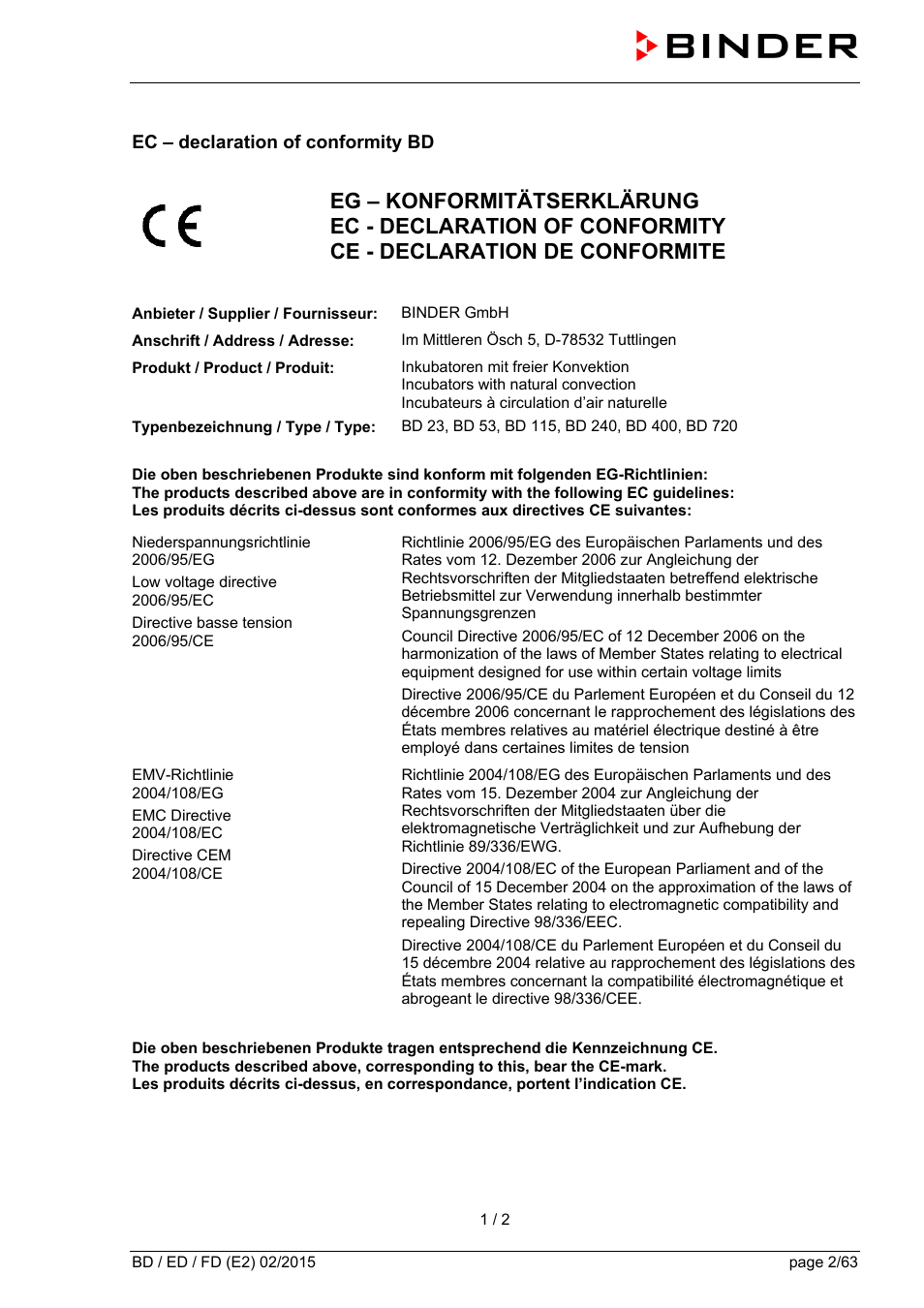 Ec – declaration of conformity bd | BINDER BD 23 User Manual | Page 2 / 63