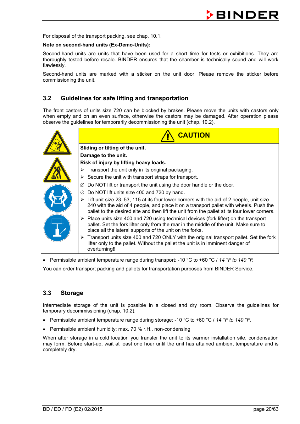 2 guidelines for safe lifting and transportation, 3 storage, Caution | BINDER BD 23 User Manual | Page 20 / 63