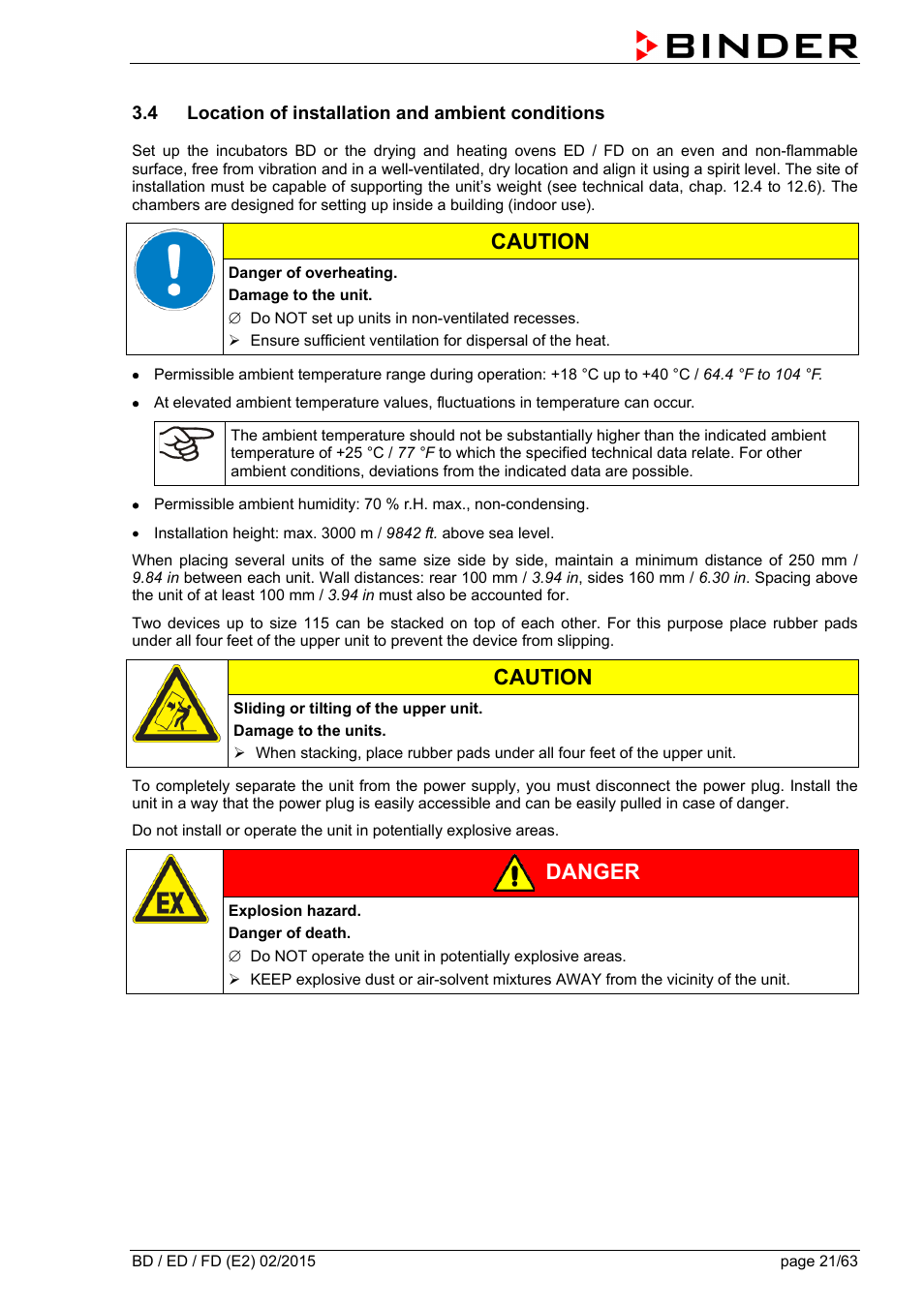 4 location of installation and ambient conditions, Caution, Danger | BINDER BD 23 User Manual | Page 21 / 63