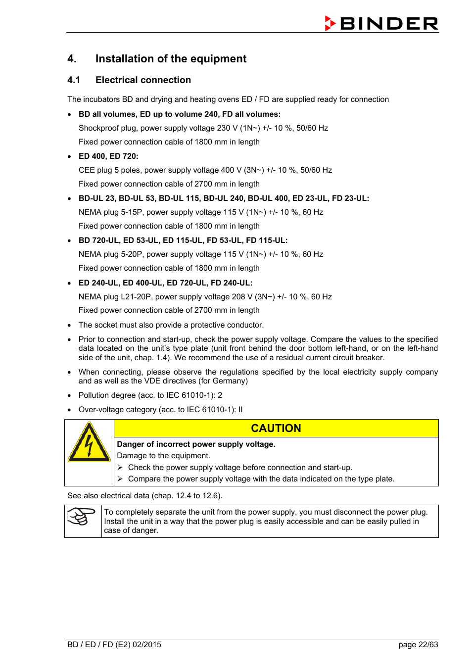 Installation of the equipment, 1 electrical connection, Caution | BINDER BD 23 User Manual | Page 22 / 63