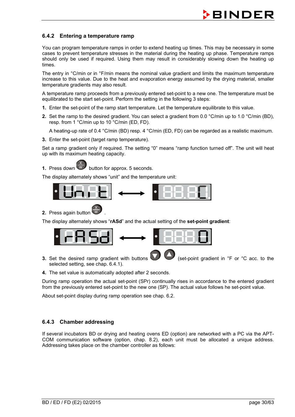 2 entering a temperature ramp, 3 chamber addressing | BINDER BD 23 User Manual | Page 30 / 63
