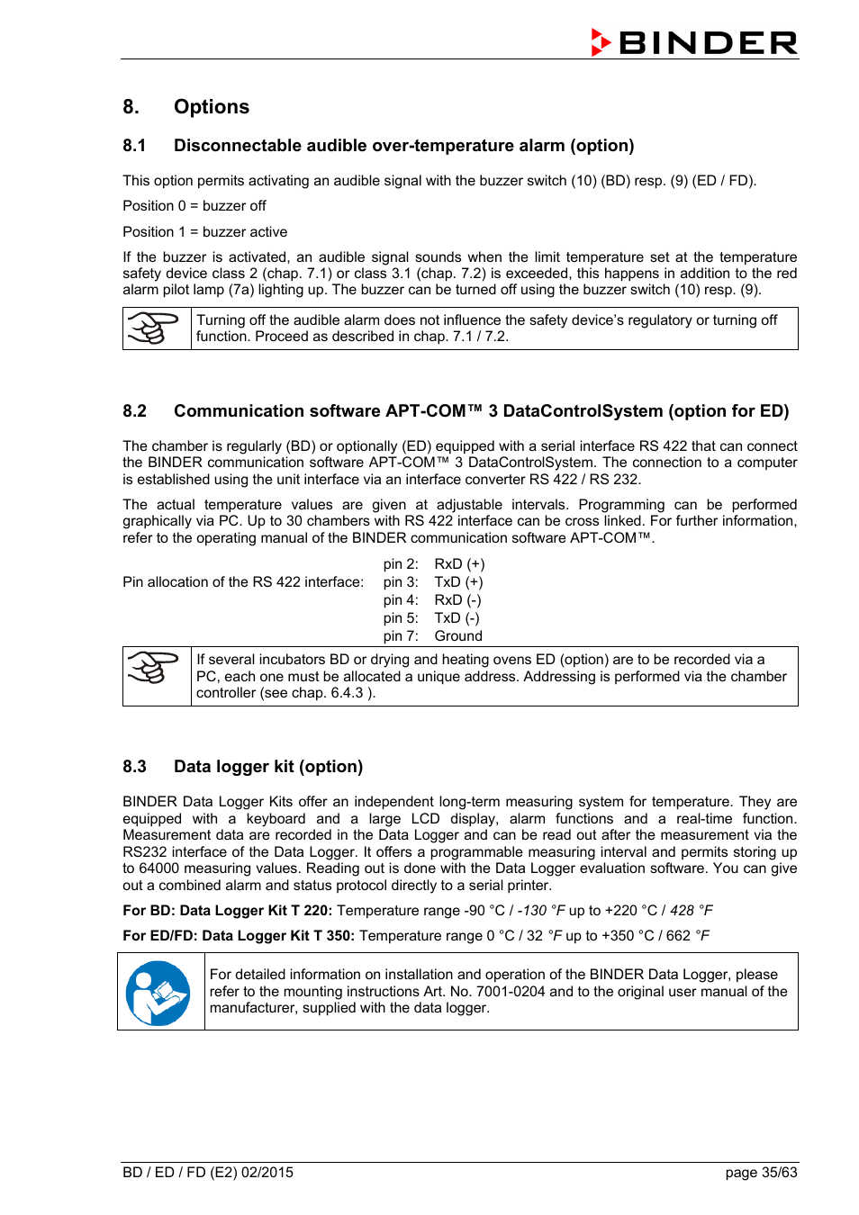 Options, 3 data logger kit (option) | BINDER BD 23 User Manual | Page 35 / 63