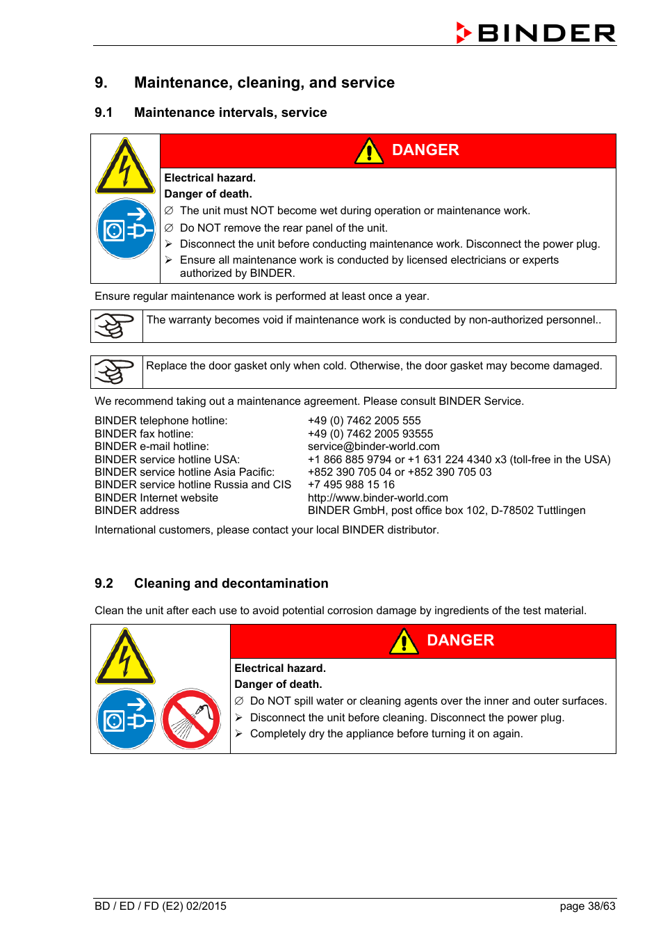 Maintenance, cleaning, and service, 1 maintenance intervals, service, 2 cleaning and decontamination | Ole_link7, Ole_link12, Danger | BINDER BD 23 User Manual | Page 38 / 63