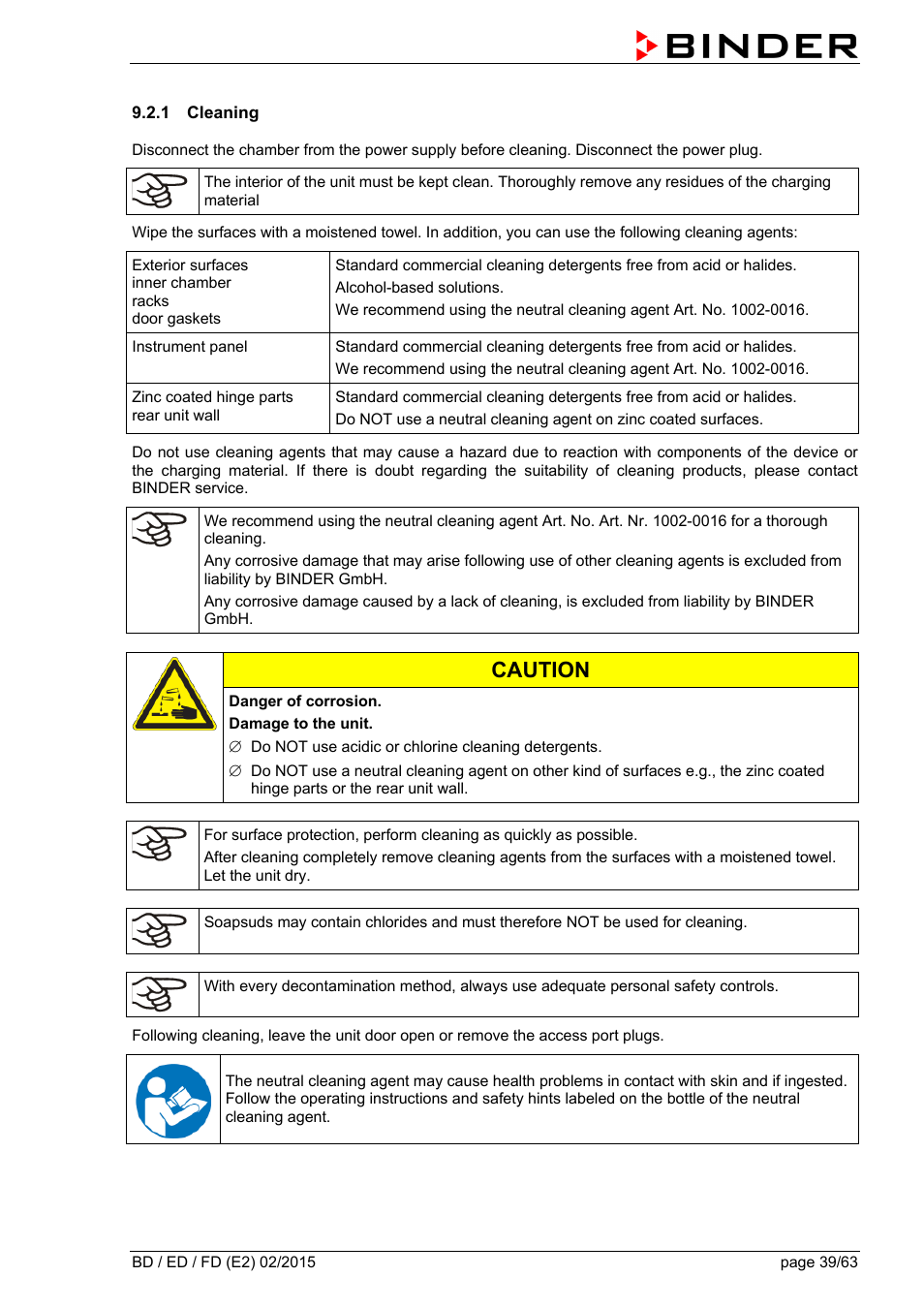 1 cleaning, Caution | BINDER BD 23 User Manual | Page 39 / 63