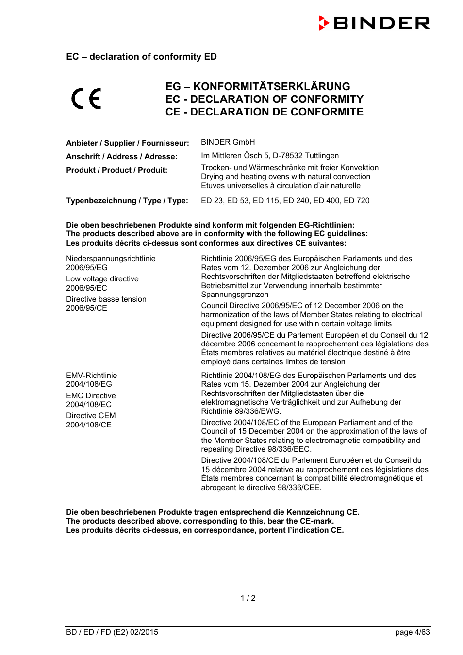 Ec – declaration of conformity ed | BINDER BD 23 User Manual | Page 4 / 63