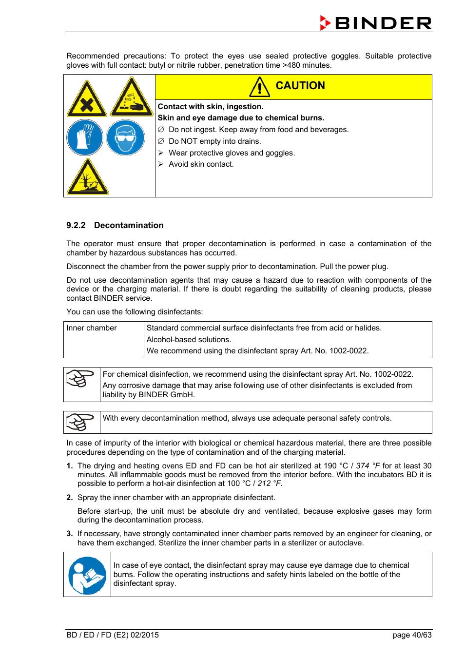 2 decontamination, Caution | BINDER BD 23 User Manual | Page 40 / 63