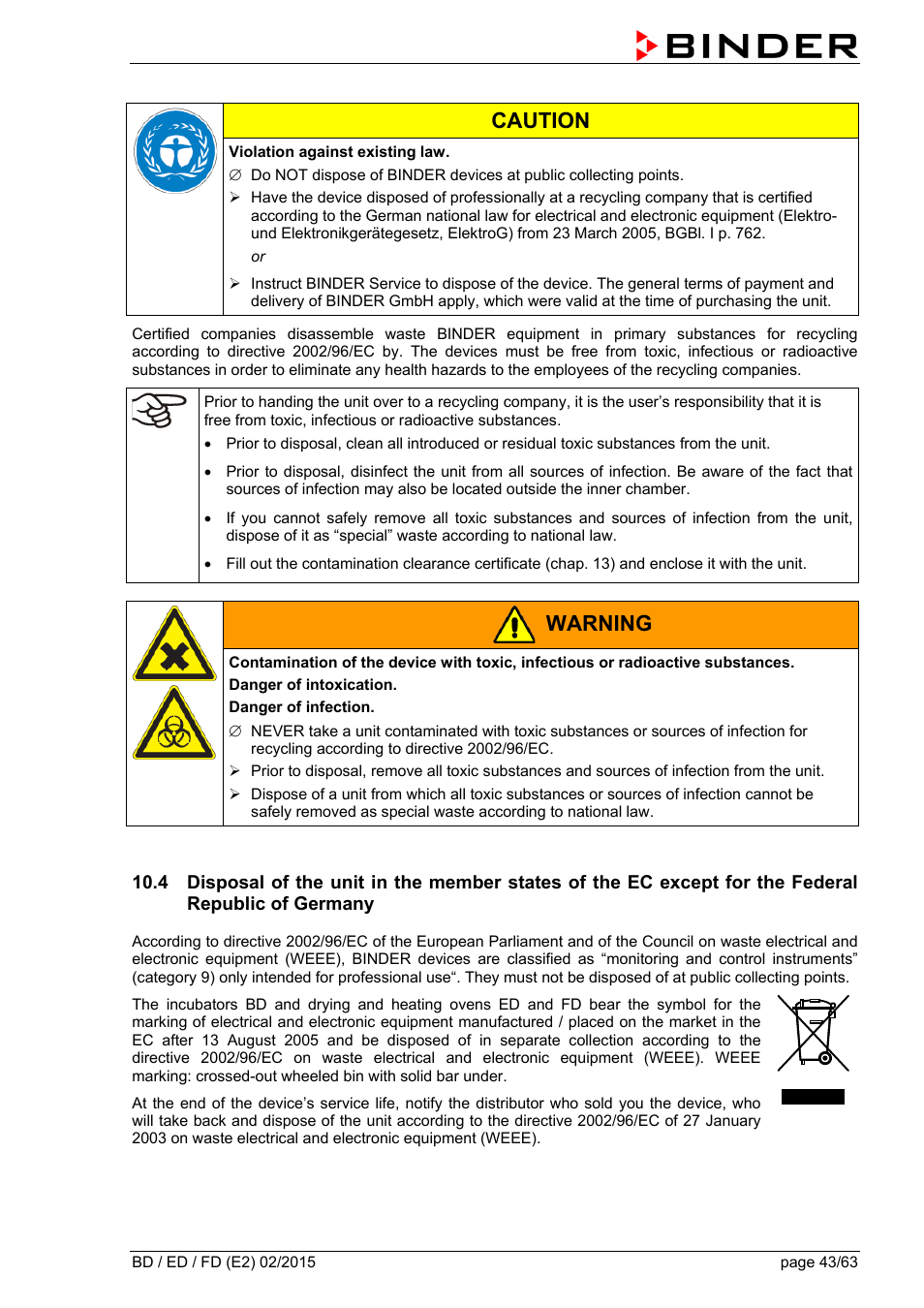 Caution, Warning | BINDER BD 23 User Manual | Page 43 / 63