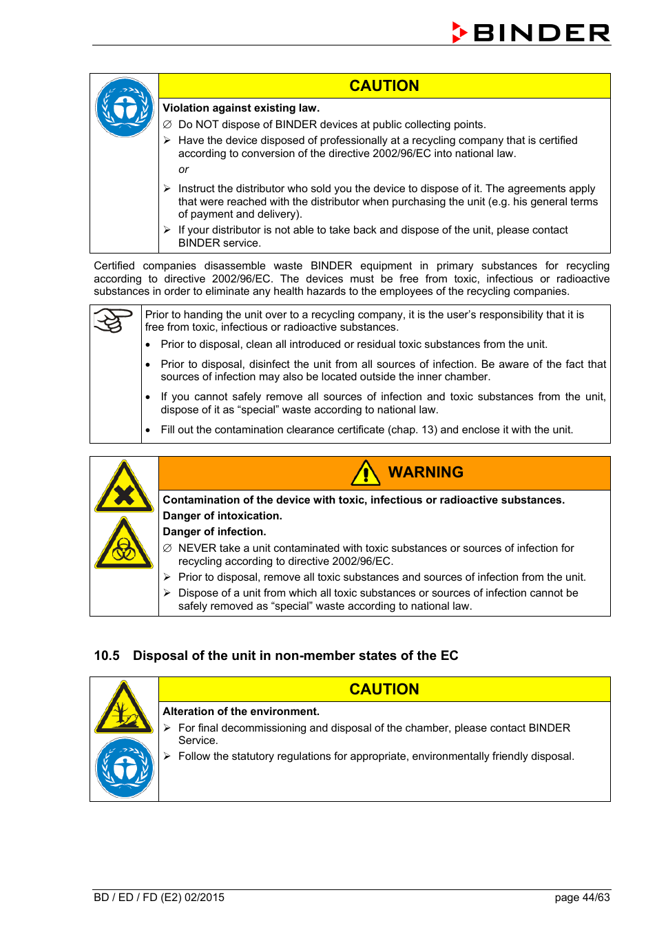 Caution, Warning | BINDER BD 23 User Manual | Page 44 / 63