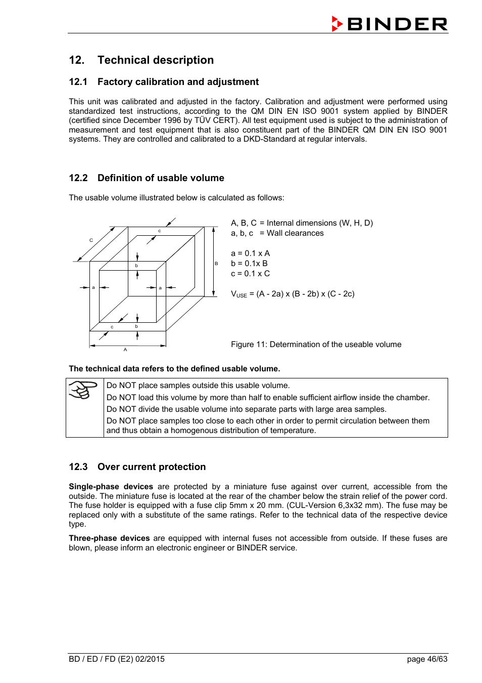 Technical description, 1 factory calibration and adjustment, 2 definition of usable volume | 3 over current protection | BINDER BD 23 User Manual | Page 46 / 63