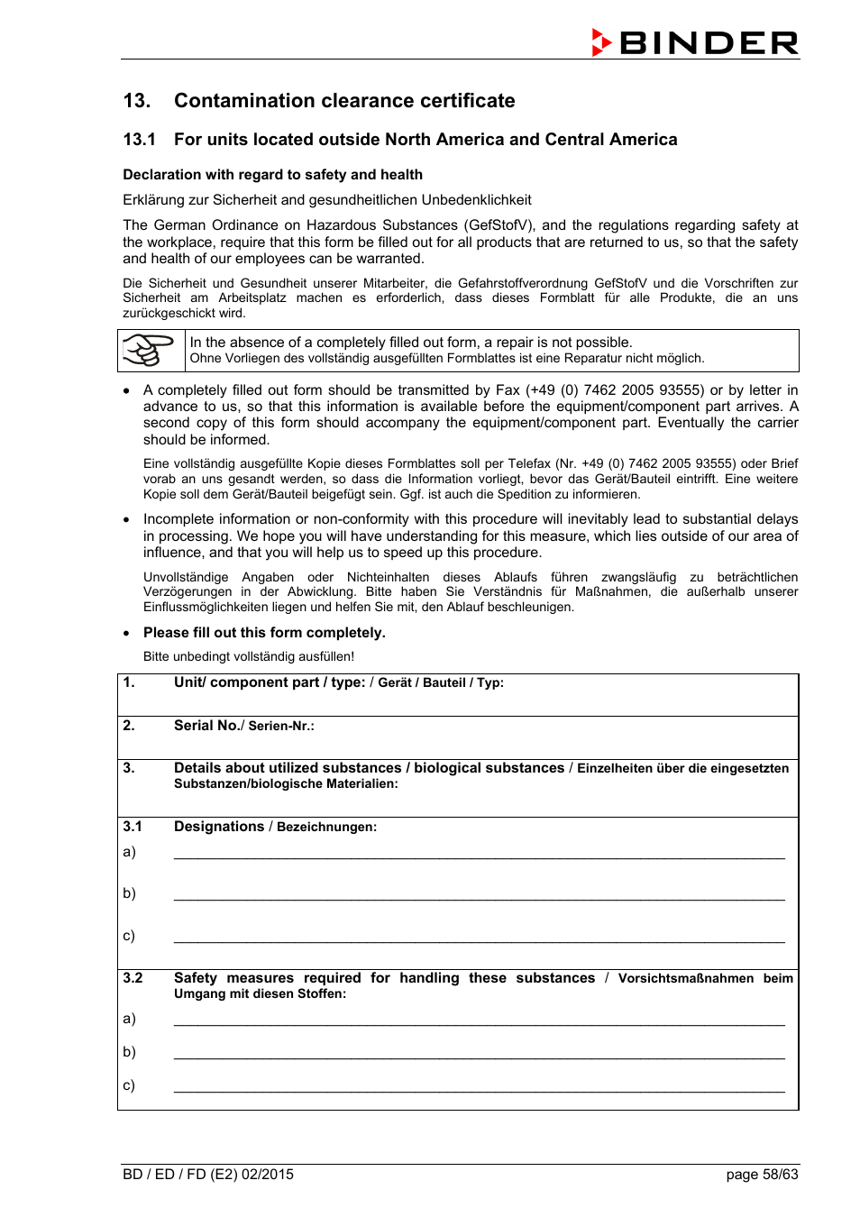 Contamination clearance certificate | BINDER BD 23 User Manual | Page 58 / 63