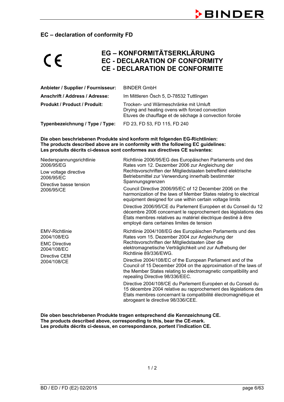 Ec – declaration of conformity fd | BINDER BD 23 User Manual | Page 6 / 63
