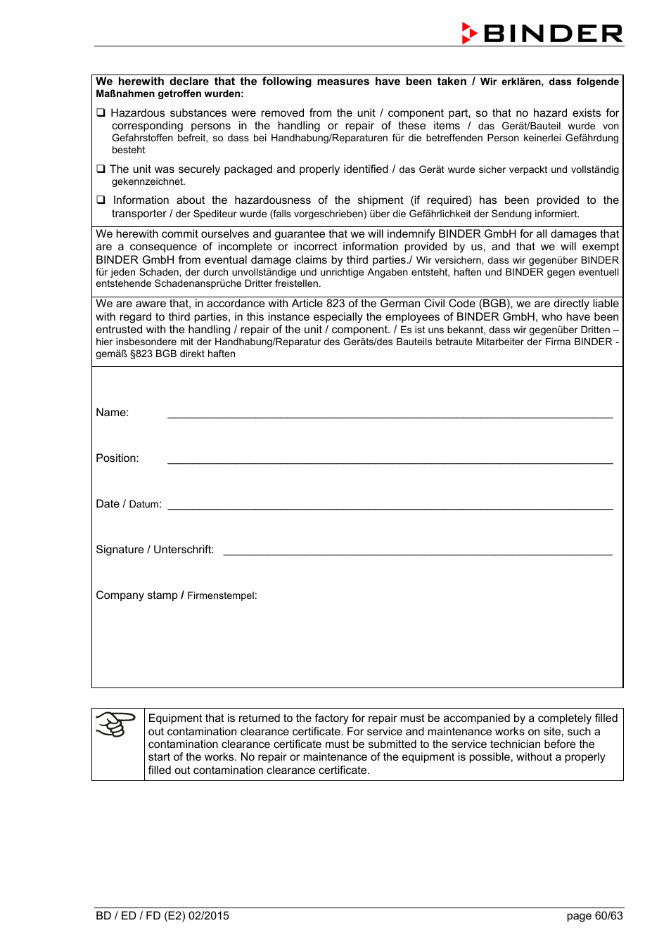 BINDER BD 23 User Manual | Page 60 / 63