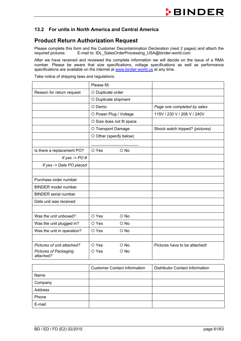 2 for units in north america and central america, Product return authorization request | BINDER BD 23 User Manual | Page 61 / 63