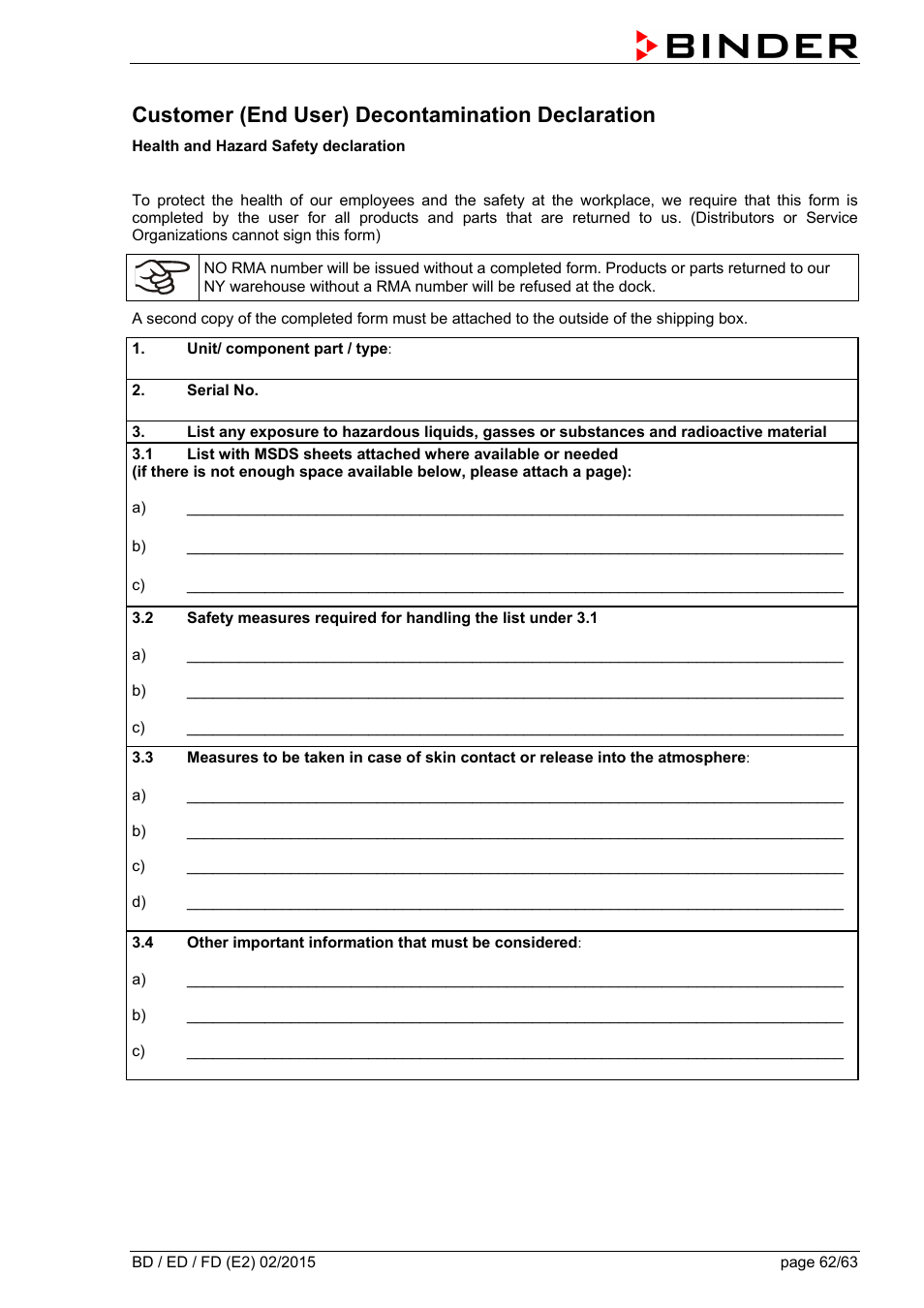 Customer (end user) decontamination declaration | BINDER BD 23 User Manual | Page 62 / 63