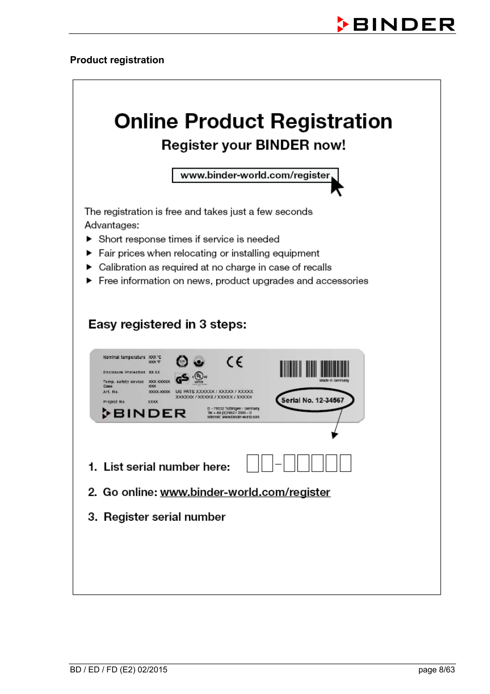 Product registration | BINDER BD 23 User Manual | Page 8 / 63