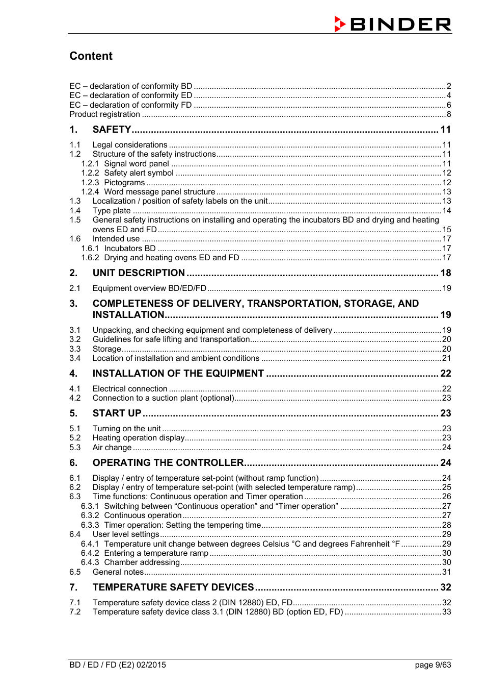 Content | BINDER BD 23 User Manual | Page 9 / 63