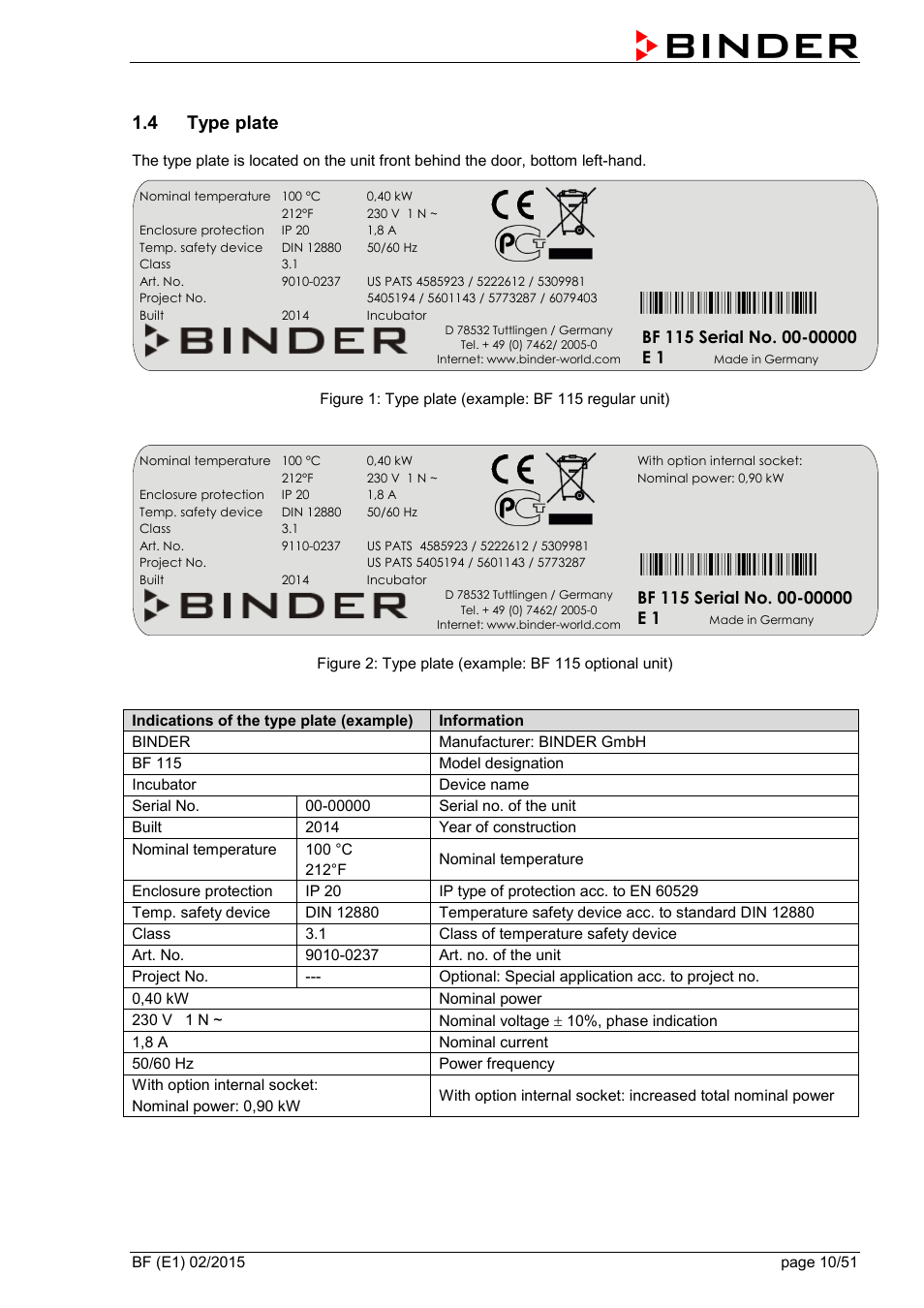 4 type plate | BINDER BF 53 User Manual | Page 10 / 51