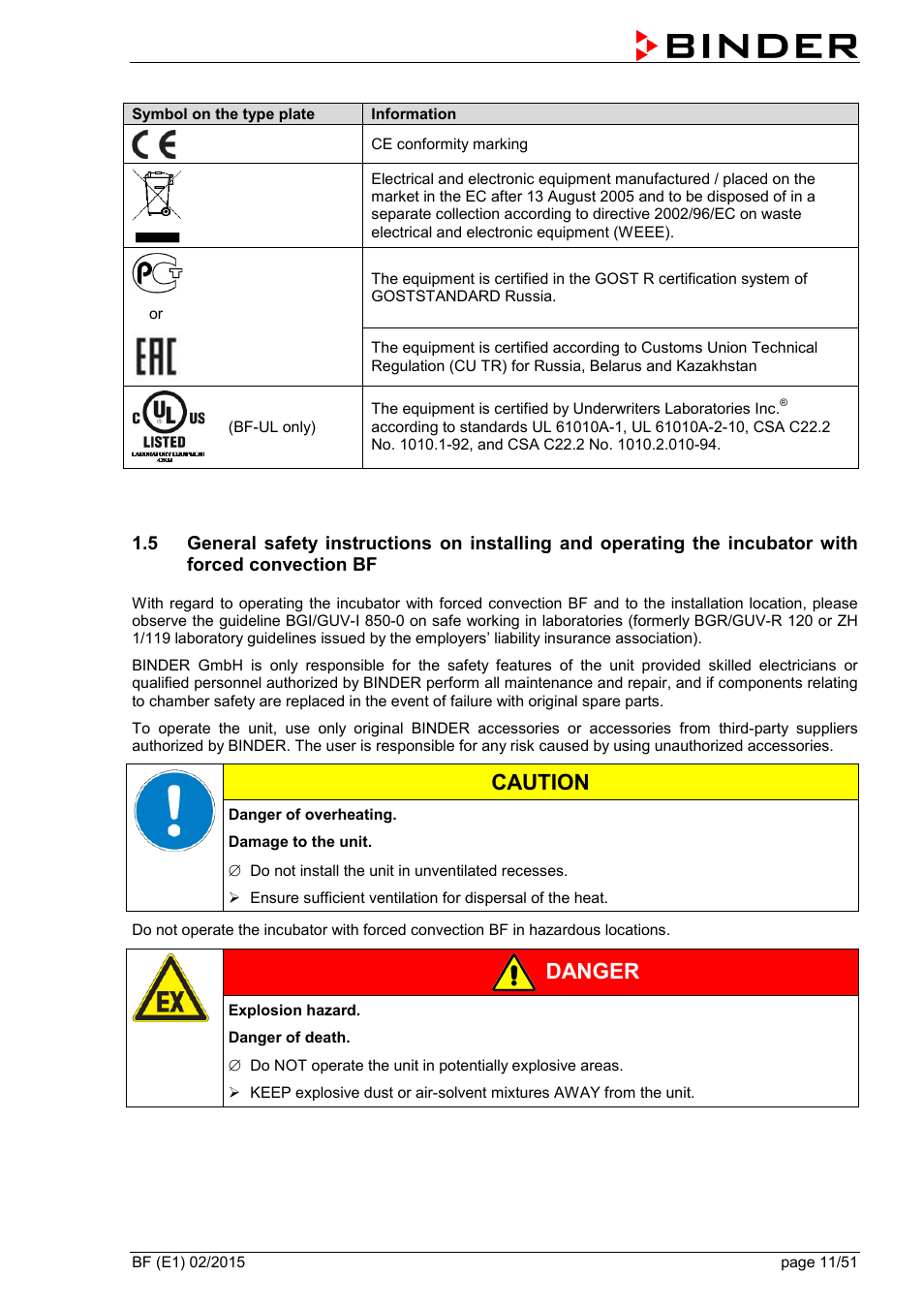 Caution, Danger | BINDER BF 53 User Manual | Page 11 / 51