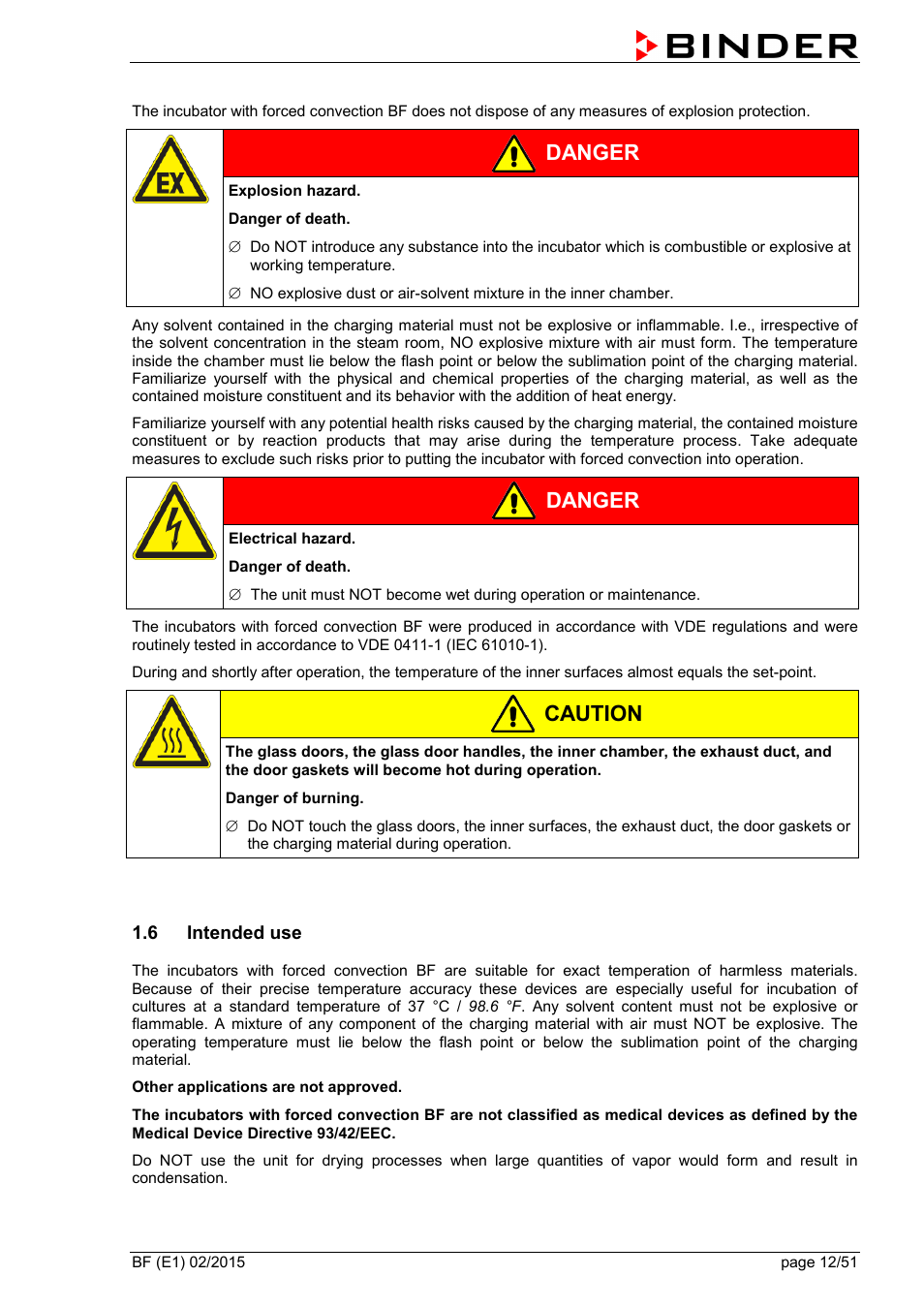 6 intended use, Danger, Caution | BINDER BF 53 User Manual | Page 12 / 51