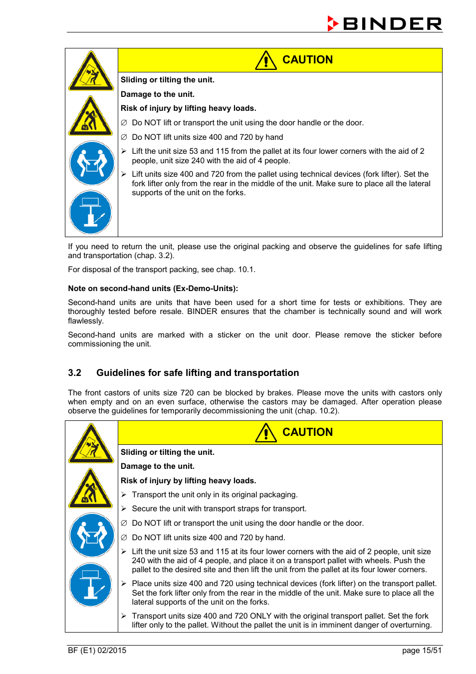 2 guidelines for safe lifting and transportation, Caution | BINDER BF 53 User Manual | Page 15 / 51